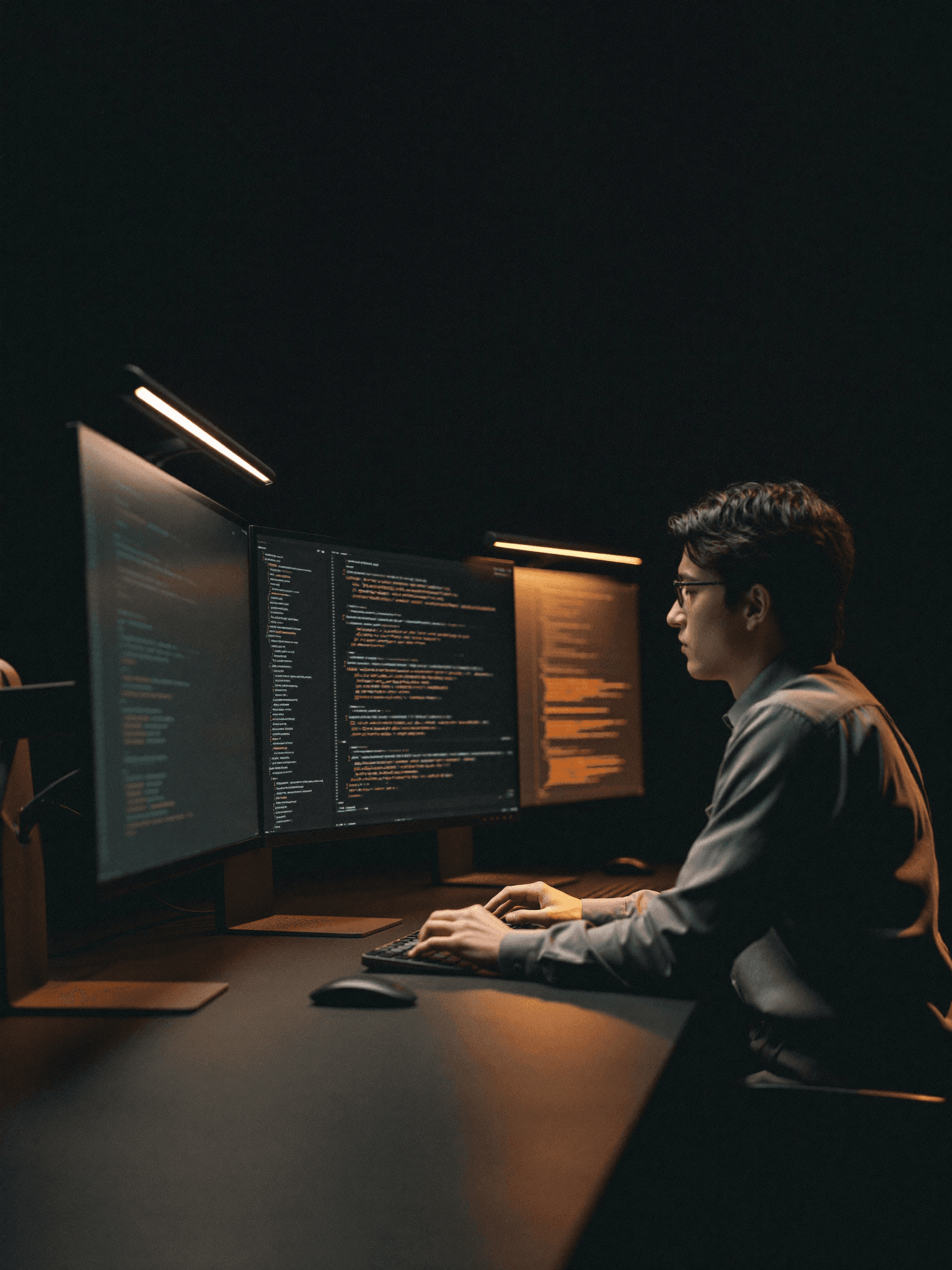 A developer building production web applications at a dark studio workstation with glowing code editors